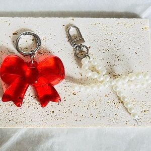 Red Bow and Pearl Keychain Set